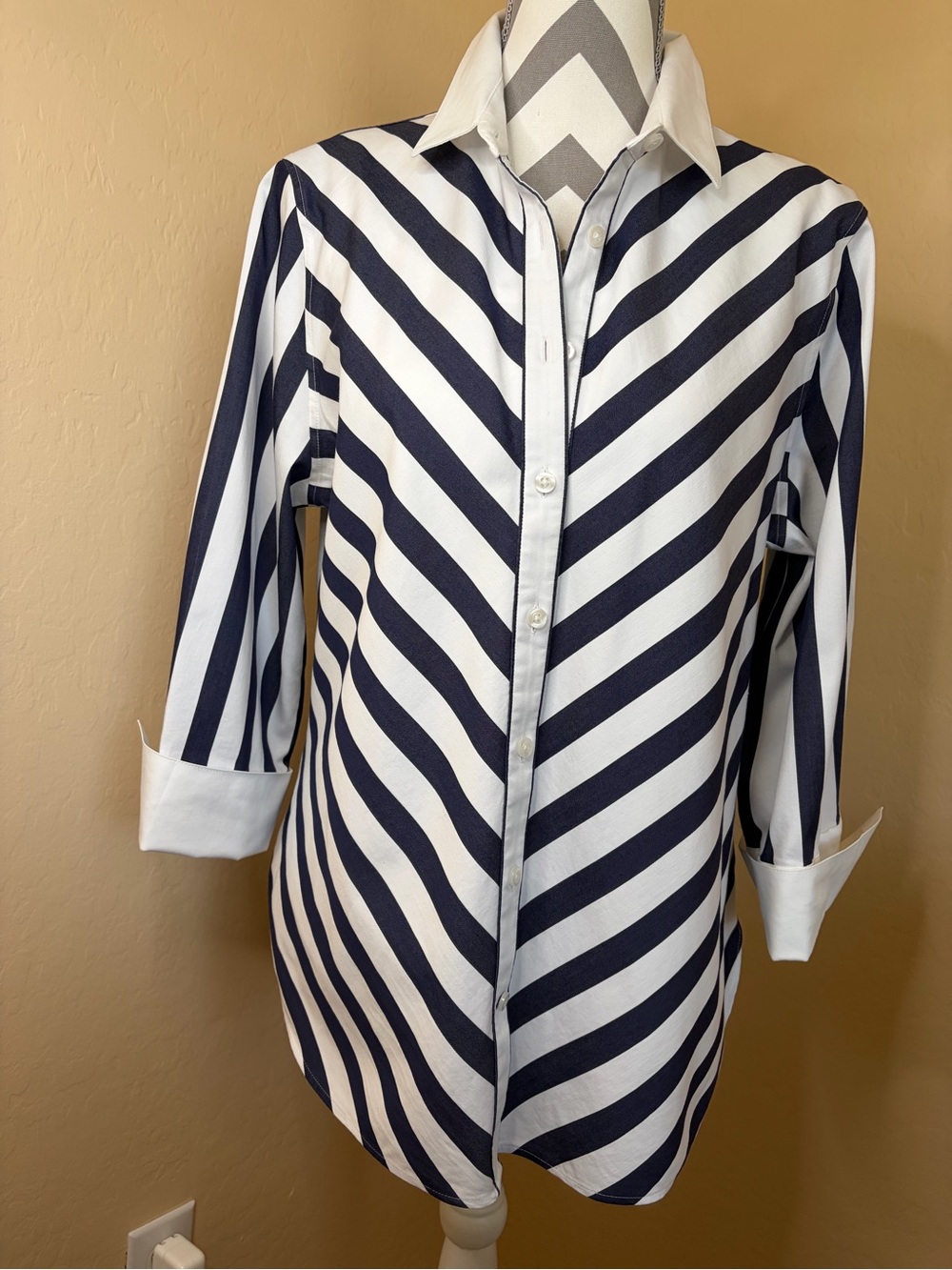 Chico’s Navy and White Stripe Blouo